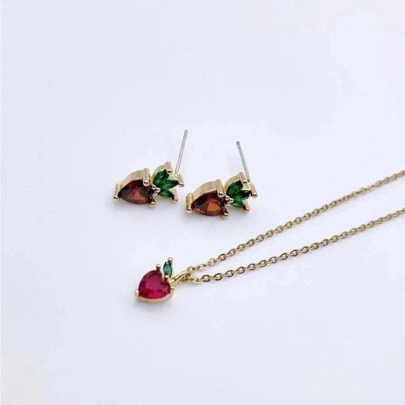 STRAWBERRIES Earrings and Necklace set- |Gold plated | Dainty Necklace| - Picture 2 of 4